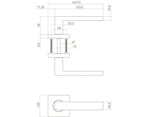 Technische tekening van een deurklink met afmetingen