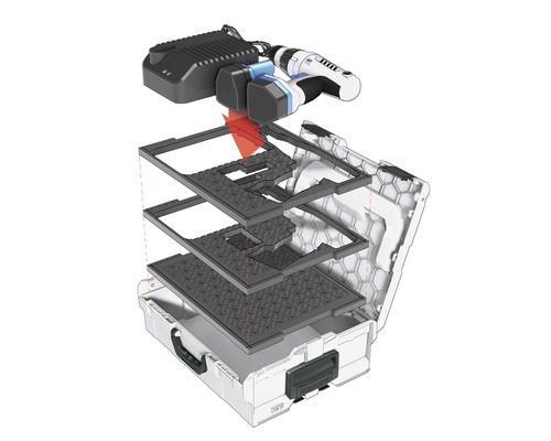 Gereedschapskoffer met accuschroefboormachine, accu''s en oplader met inlegbodems