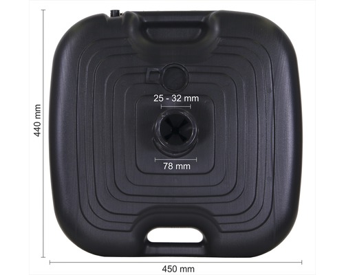 Vierkante parasolvoet van kunststof met afmetingen van 440 mm x 450 mm