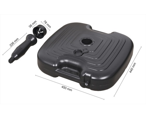 Parasolvoet van kunststof met afmetingen van 450 bij 440 millimeter en accessoires.