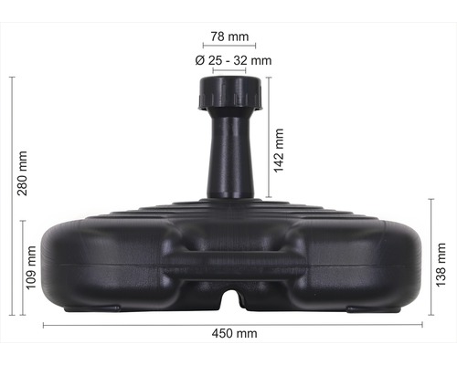 Afbeelding van een parasolvoet met maataanduidingen