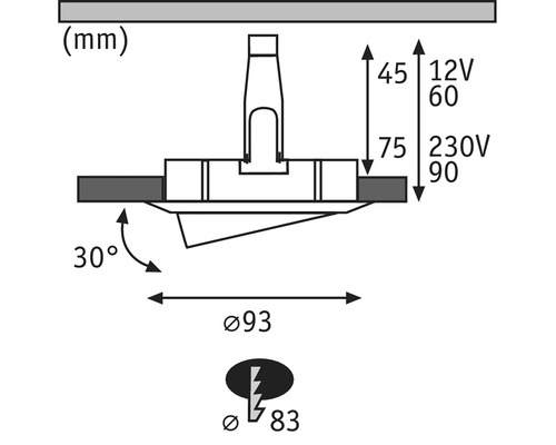 Technische tekening met afmetingen en symbolen voor een lamp