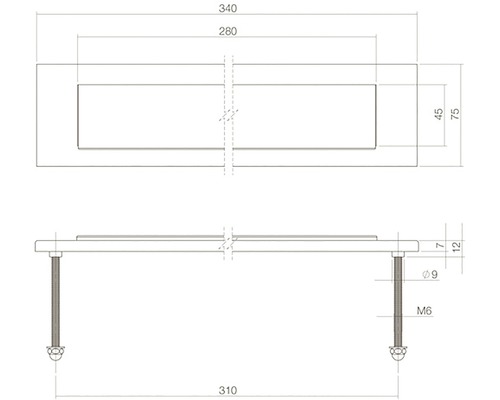 Technische tekening van een brievenbus met afmetingen