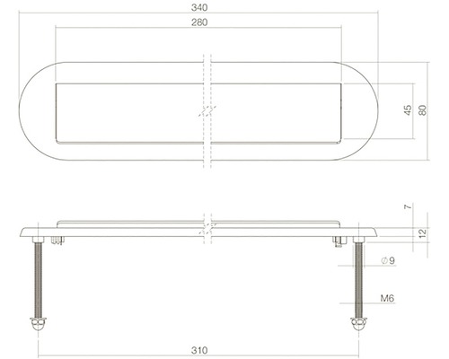 Technische tekening van een brievenbusinworp met afmetingen