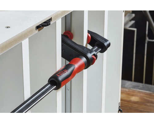 BESSEY Logo. Een schroefklem fixeert twee werkstukken.