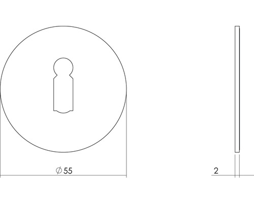 Technische tekening van een deurbeslag met de afmetingen 55 millimeter diameter en 2 millimeter dikte.