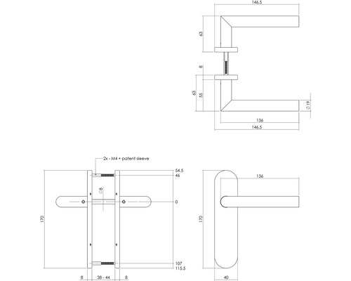 Technische tekening van een deurklink met afmetingen