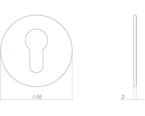 Tekening van een deurbeslag met sleutelrozet en maatvoering