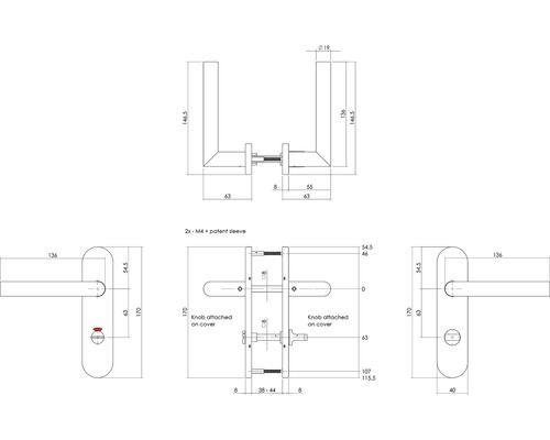 Technische tekening van een deurklink met afmetingen