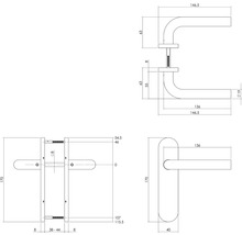 Technische tekening van een deurklink met afmetingen