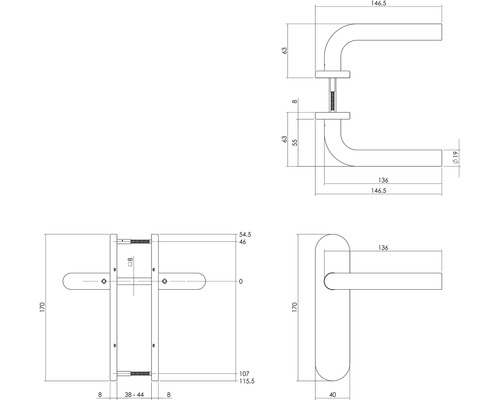 Technische tekening van een deurklink met afmetingen