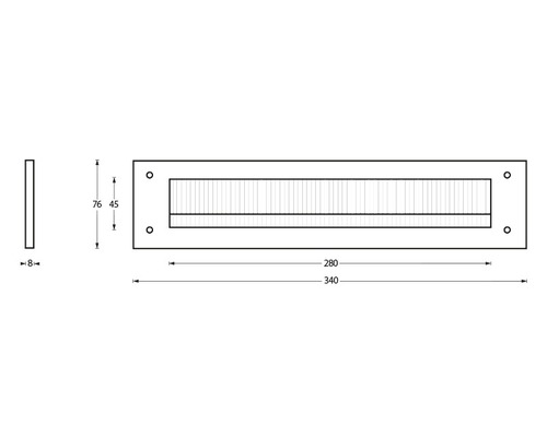 Technische tekening van een brievenbus met afmetingen.
