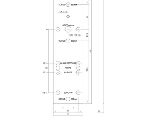 Technische tekening met afmetingen voor een deurschild