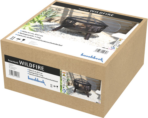 Verpakking van de Wildfire vuurkorf van Buschbeck met afmetingen en producteigenschappen