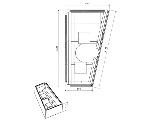 Technische tekening van een badkuip met maatvoering