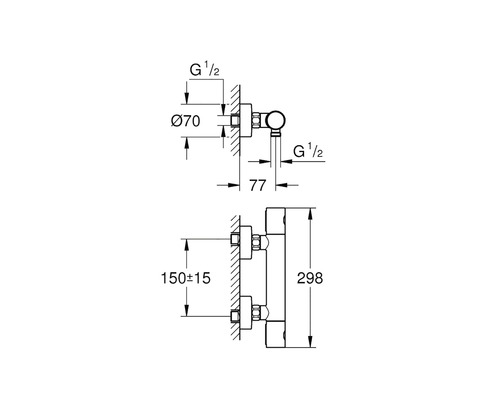 Technische tekening van een radiatoraansluiting met maatvoering