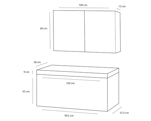 Maatschets van een badkamermeubelset met onderkast en wastafelonderkast