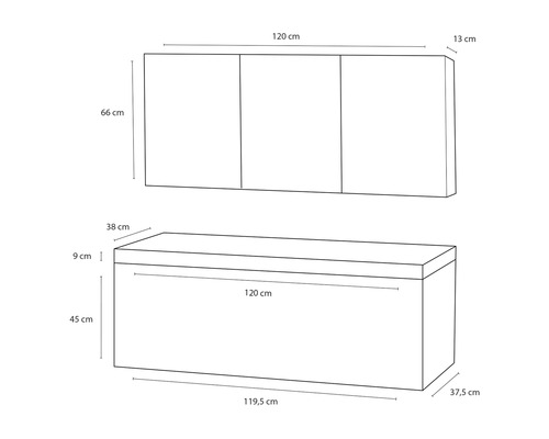 Maatschets van een wandkast met drie deuren boven een opbergbank, die de afmetingen van het artikel laat zien