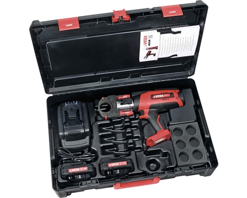 Accu-aangedreven persmachine in gereedschapskoffer met accu''s en oplader