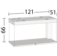 Schets van een aquarium met de afmetingen 121 x 51 x 66 cm.