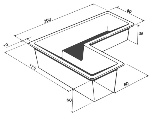 Technische tekening van een hoekspoelbak met afmetingen