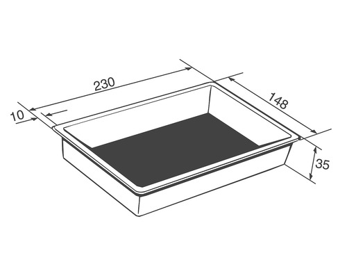 Technische tekening van een rechthoekige opvangbak met de afmetingen 230 x 148 x 35 millimeter