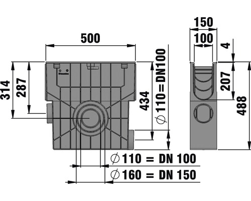 Technische tekening van een binnenplaatsafvoer met maatvoering