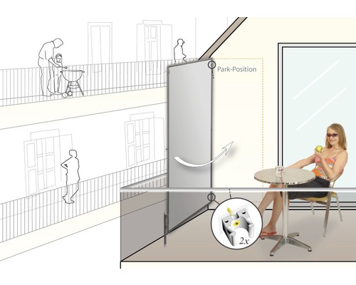 Balkonscène met zijluifel voor privacy en bescherming tegen zon en wind.