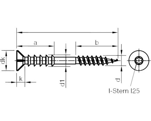 Technische tekening van een schroef met I-ster I25 aandrijving en detailmaten