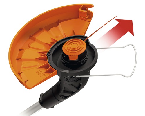 Draadkop van een grastrimmer met beschermbeugel en rode pijl