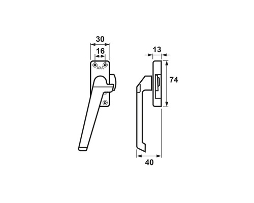 Technische tekening van een raamkruk met maatvoering