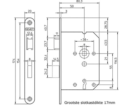 Technische tekening van een deurslot met afmetingen