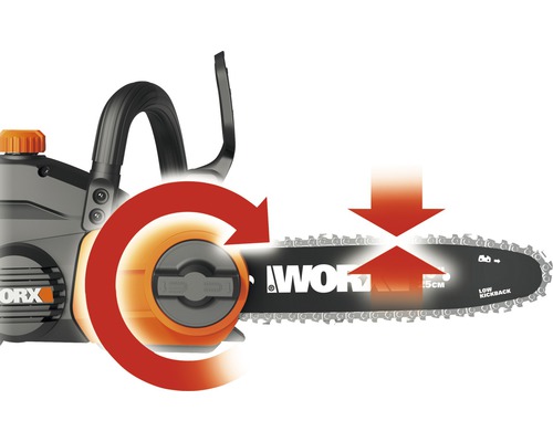 Illustratie van een kettingzaag met gereedschapsloze kettingspanning en automatische kettingsmering