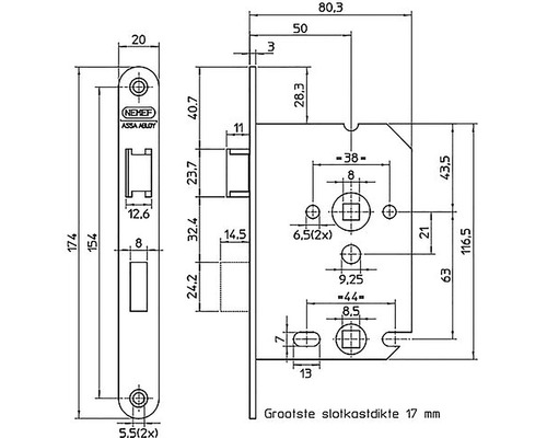 Technische tekening van een deurslot met afmetingen