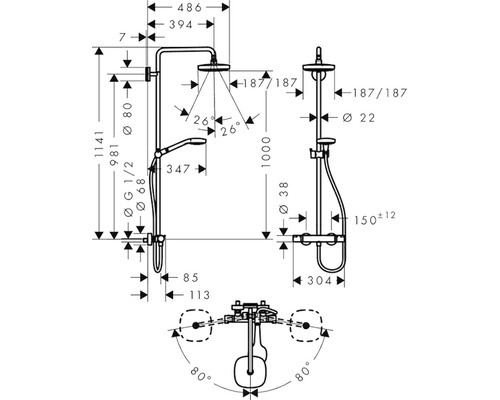 Technische tekening van een douchearmatuur met afmetingen