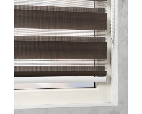 Raam met bruin gestreept rolgordijn