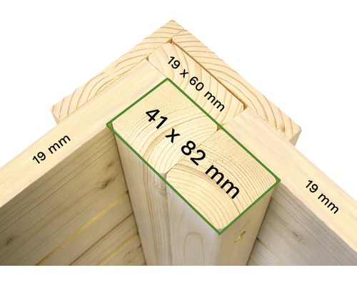 Detail van houten verbindingen met afmetingen 19 mm, 19 x 60 mm en 41 x 82 mm