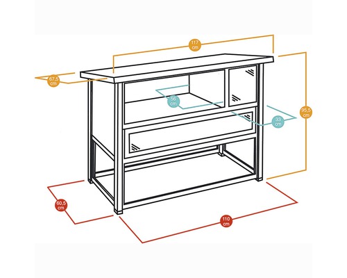 Tekening van een dressoir met afmetingen
