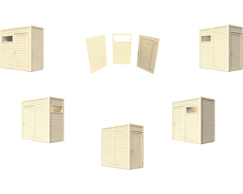 Meerdere aanzichten van een houten tuinhuis met deur en raam