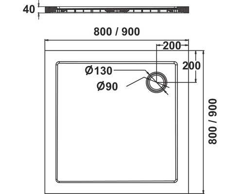 Technische tekening van een douchebak met maataanduidingen.