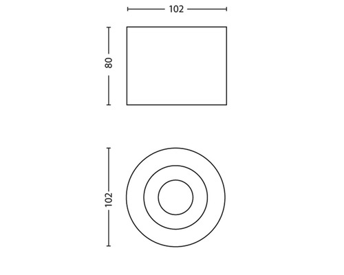 Technische tekening van een product met een rechthoekige vorm, 102 x 80 mm, en een ronde vorm, diameter 102 mm