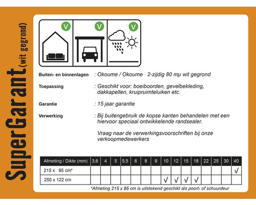 Informatie over Super Garant plaateigenschappen