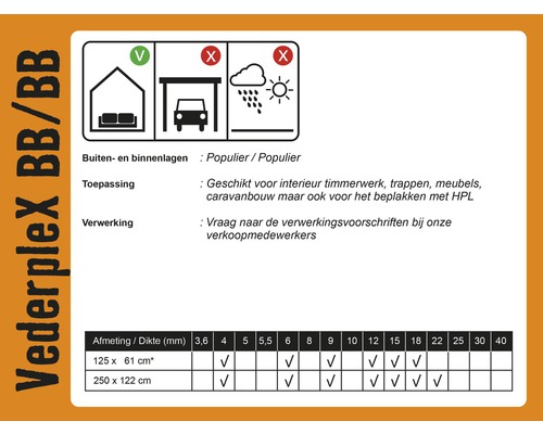 Vederplex BB/BB informatie over buiten- en binnenlagen, toepassing en verwerking, evenals beschikbare afmetingen en diktes