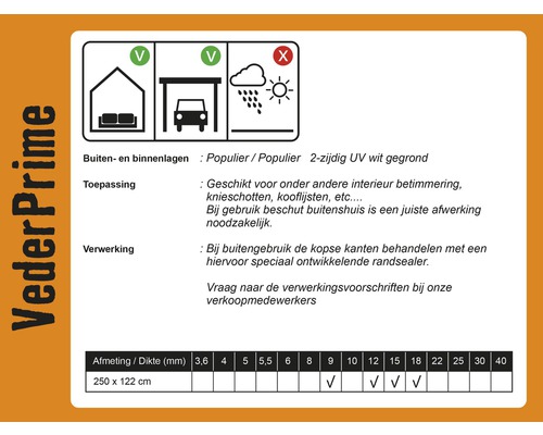 Veder Prime productdetails: binnen- en buitenlagen, toepassing, verwerking en diktes.