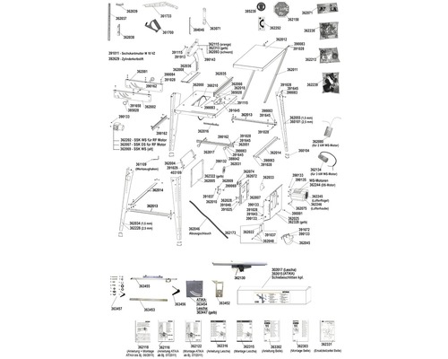 Explosietekening van een tafelcirkelzaag met reserveonderdelen en montagehandleidingen