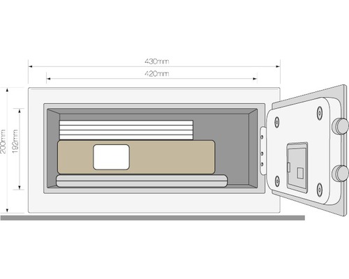 Open kluis met binnenafmetingen in millimeters