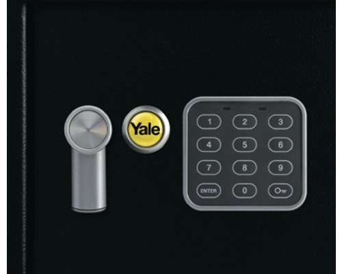 Detailaanzicht van een kluisslot met digitaal toetsenbord en Yale logo