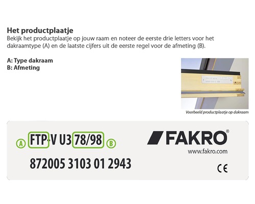 Informatie over het type en de afmetingen van een dakraam en FAKRO Logo