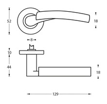 Technische tekening van een deurklink met afmetingen.