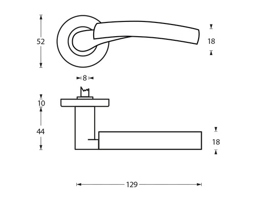 Technische tekening van een deurklink met afmetingen.
